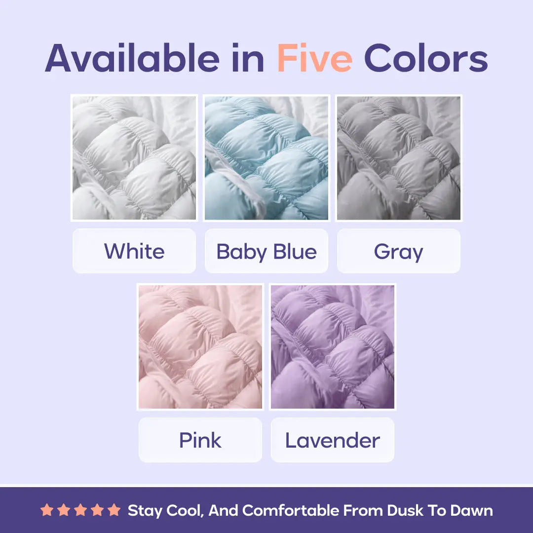 Five color swatches of the puff grid pillow in white, baby blue, gray, pink and lavender