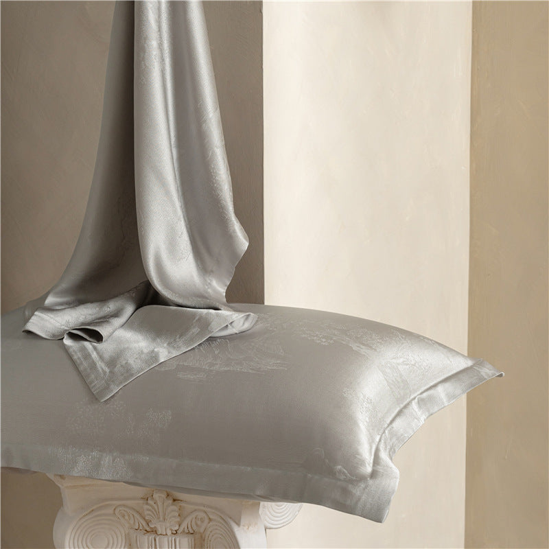 Lake And Mountain Silver Gray jacquard silk pillowcase in gray with silk draped, pair option