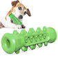 Lake blue rubber dog chew toy with ring end resting on a plain background, textured all over