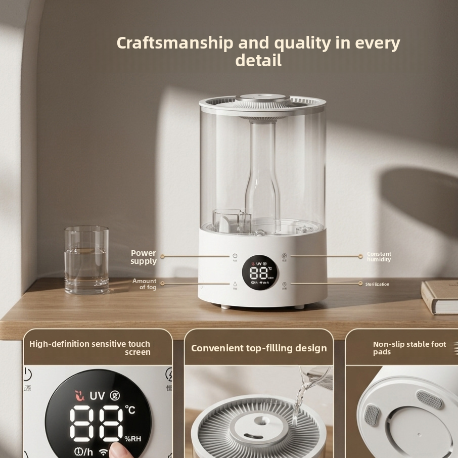 Tall white 4 litre humidifier releasing a fine plume of cool mist