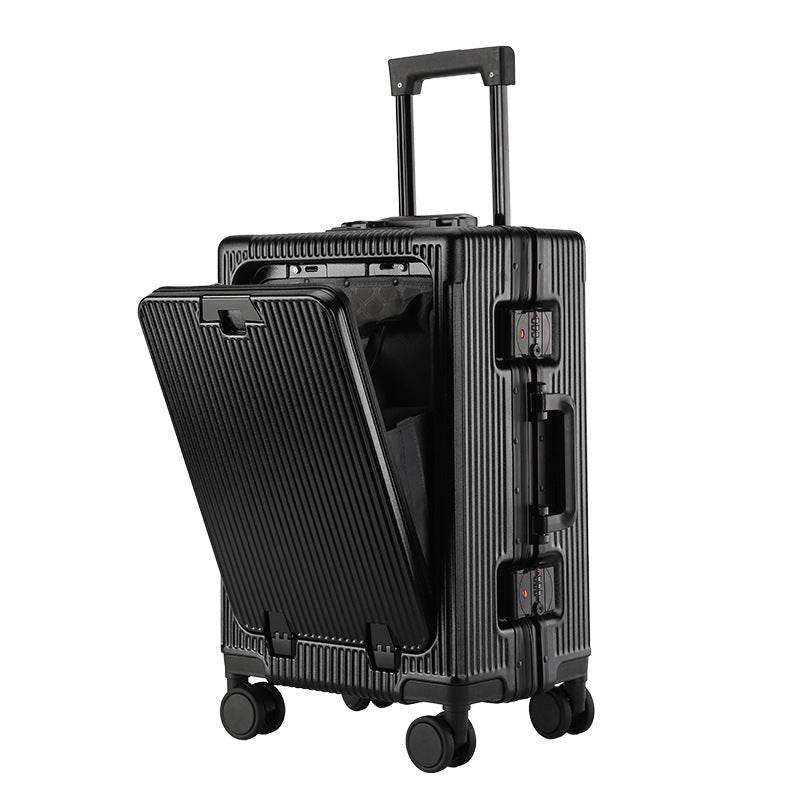 Black aluminium frame suitcase with the front lid folded down and two combination dials