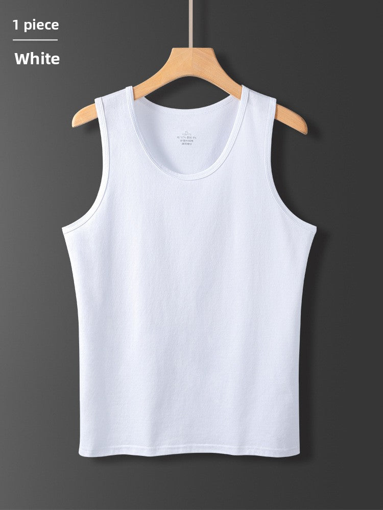 Men's white cotton sleeveless vest with a round neck on a hanger