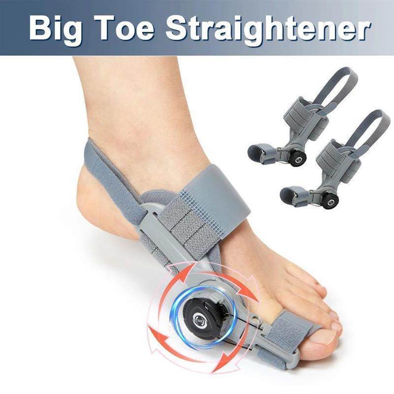 Big toe straightener splint shown worn on the foot with the heel strap