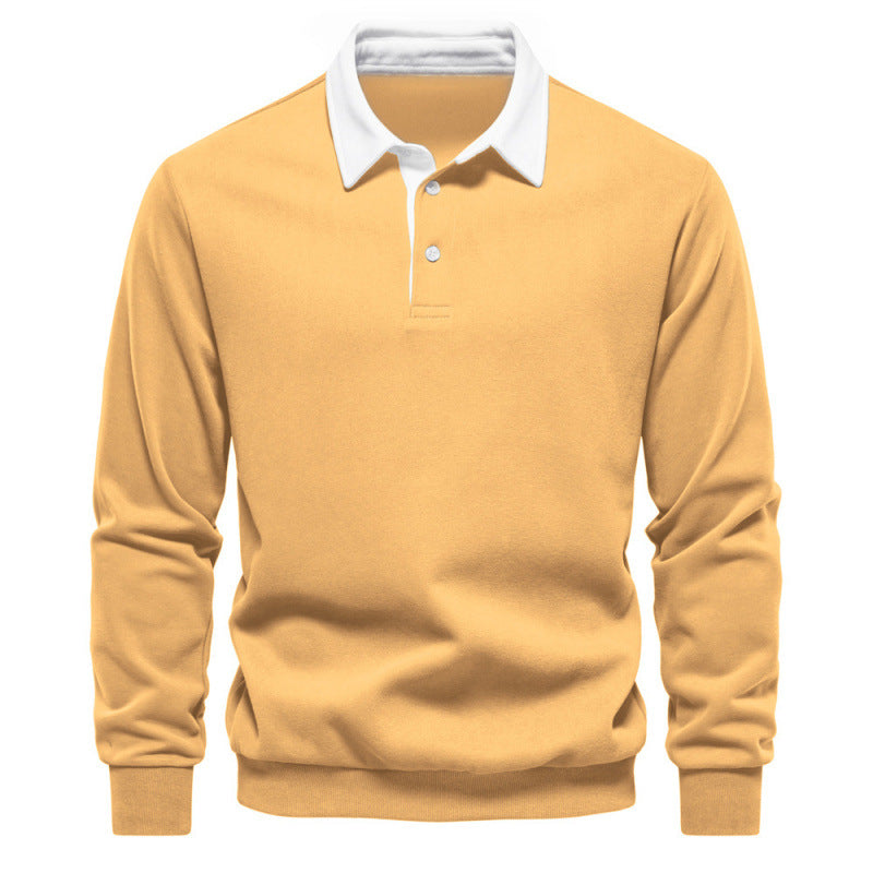 Angled view of the long sleeve polo collar pullover and its button placket