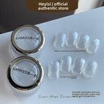 Two jars of crystal chrome nail powder beside clear glossy swatch nails on white