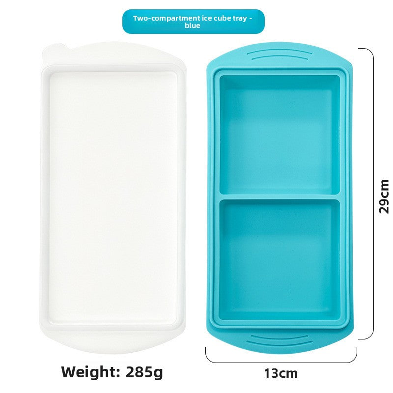 Two compartment silicone tray beside its white lid, 29 cm long, 285 g, option 2 Cavities 29 cm Tray, Turquoise