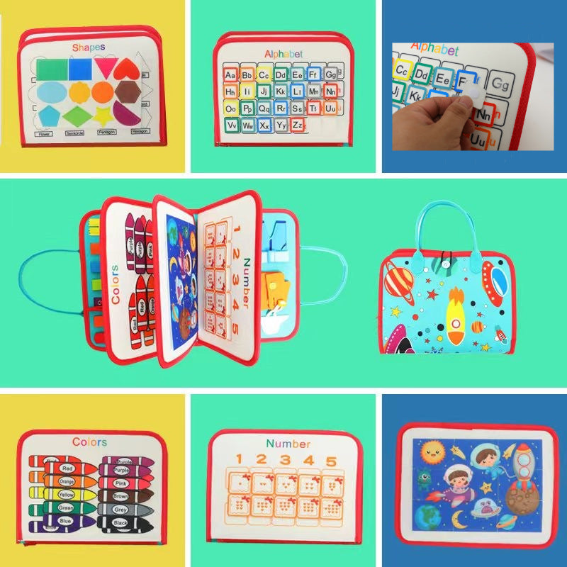 Montessori felt busy board with shapes, alphabet, colours and number pages and a space themed carry cover