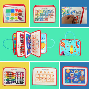 Montessori felt busy board with shapes, alphabet, colours and number pages and a space themed carry cover