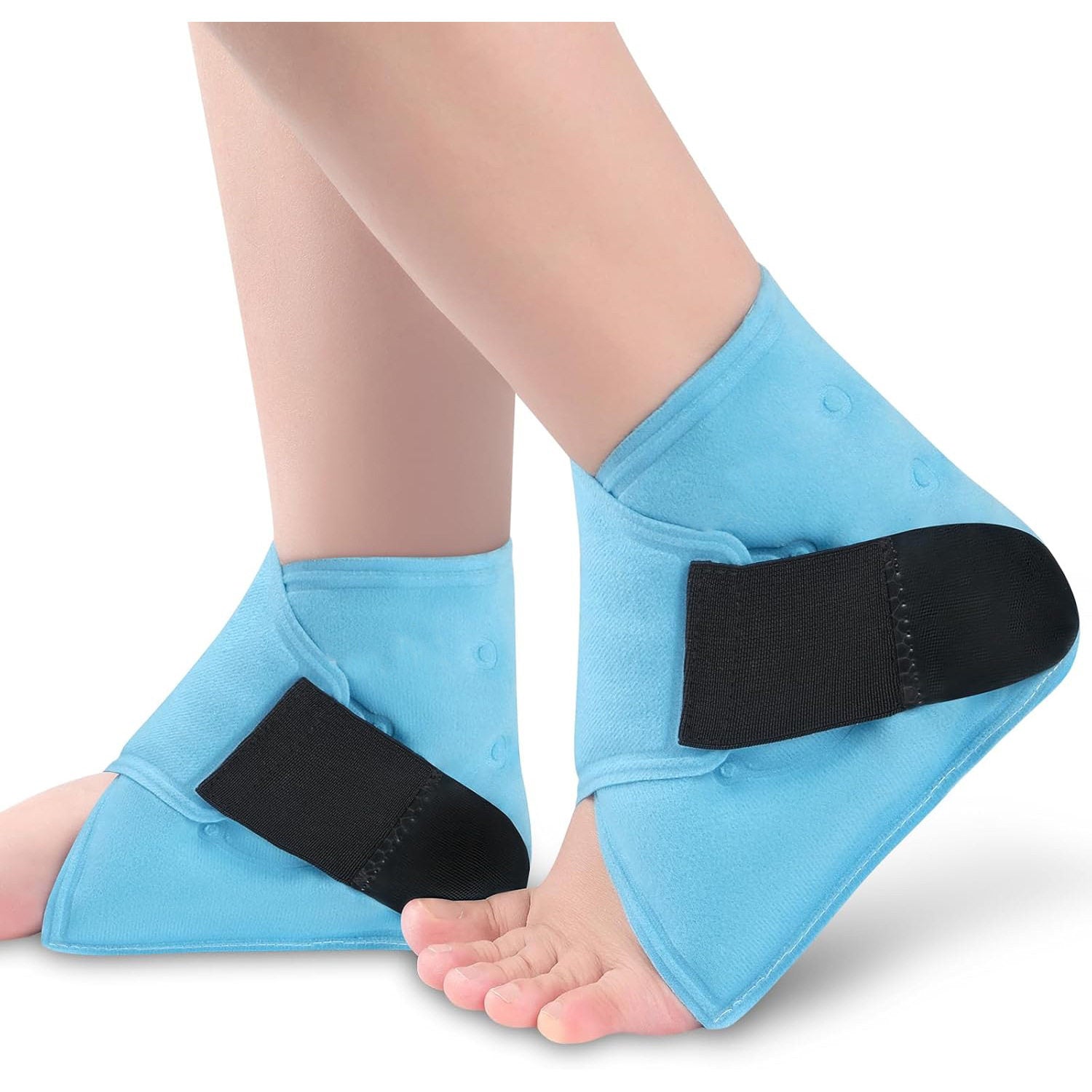 Blue fabric gel ankle wrap with a wide black adjustable strap shown flat