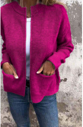 Rose Red zip-front knit cardigan with two patch pockets, size L