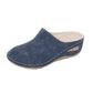 Womens fleece lined slip on mule clogs shown in blue, black and khaki, held in hand