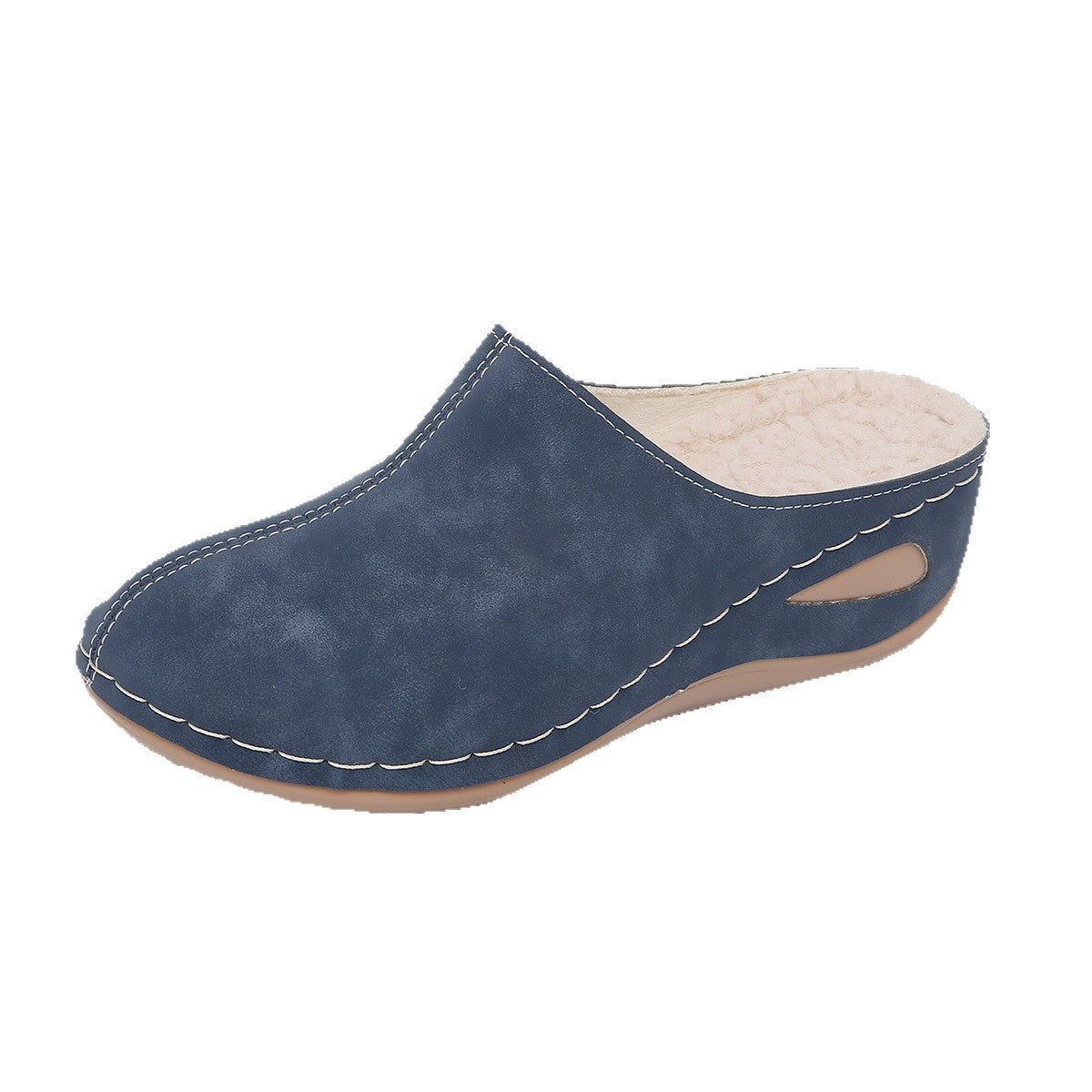 Womens fleece lined slip on mule clogs shown in blue, black and khaki, held in hand