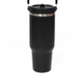 Black insulated tumbler with a stainless steel ring below the flip lid and a handle at the top