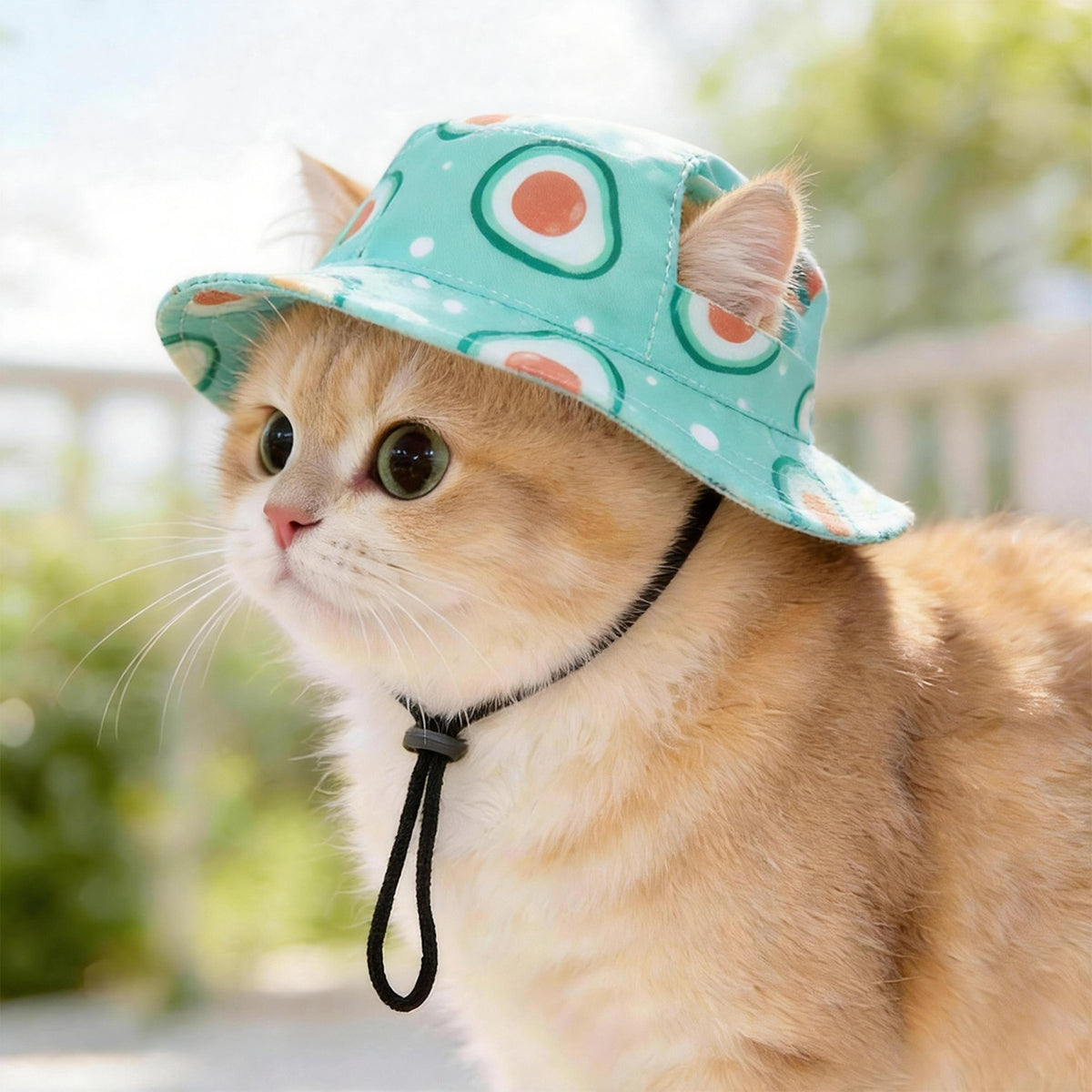 Pet bucket sun hat with ear holes and chin cord in a plain blue, view 31