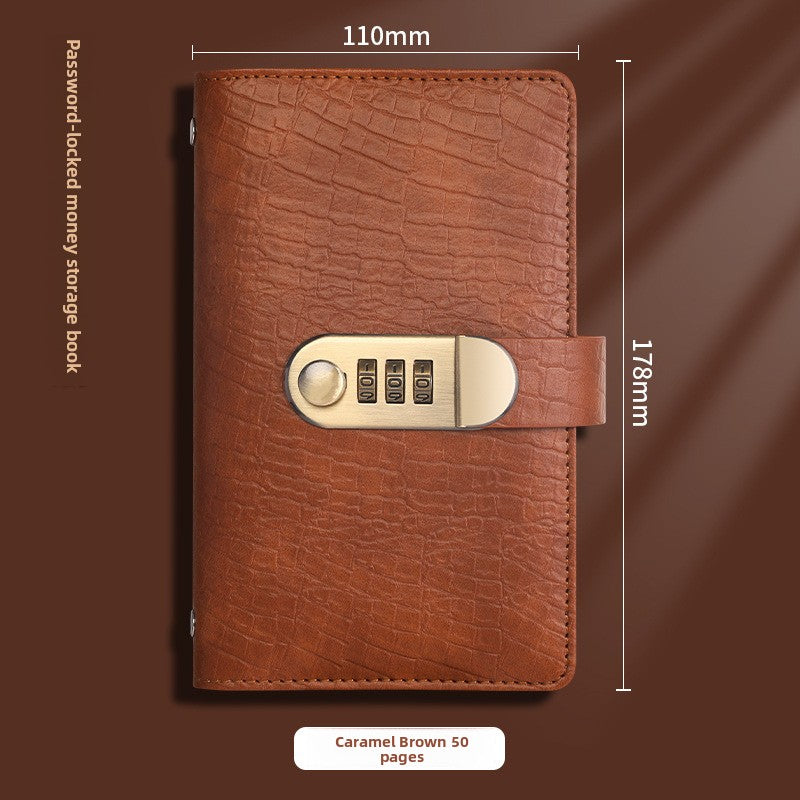 Dark brown crocodile emboss banknote holder book with combination lock, front view