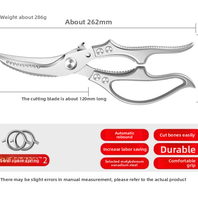 Spec chart showing the shears about 262 mm long, 286 grams, with two spare springs