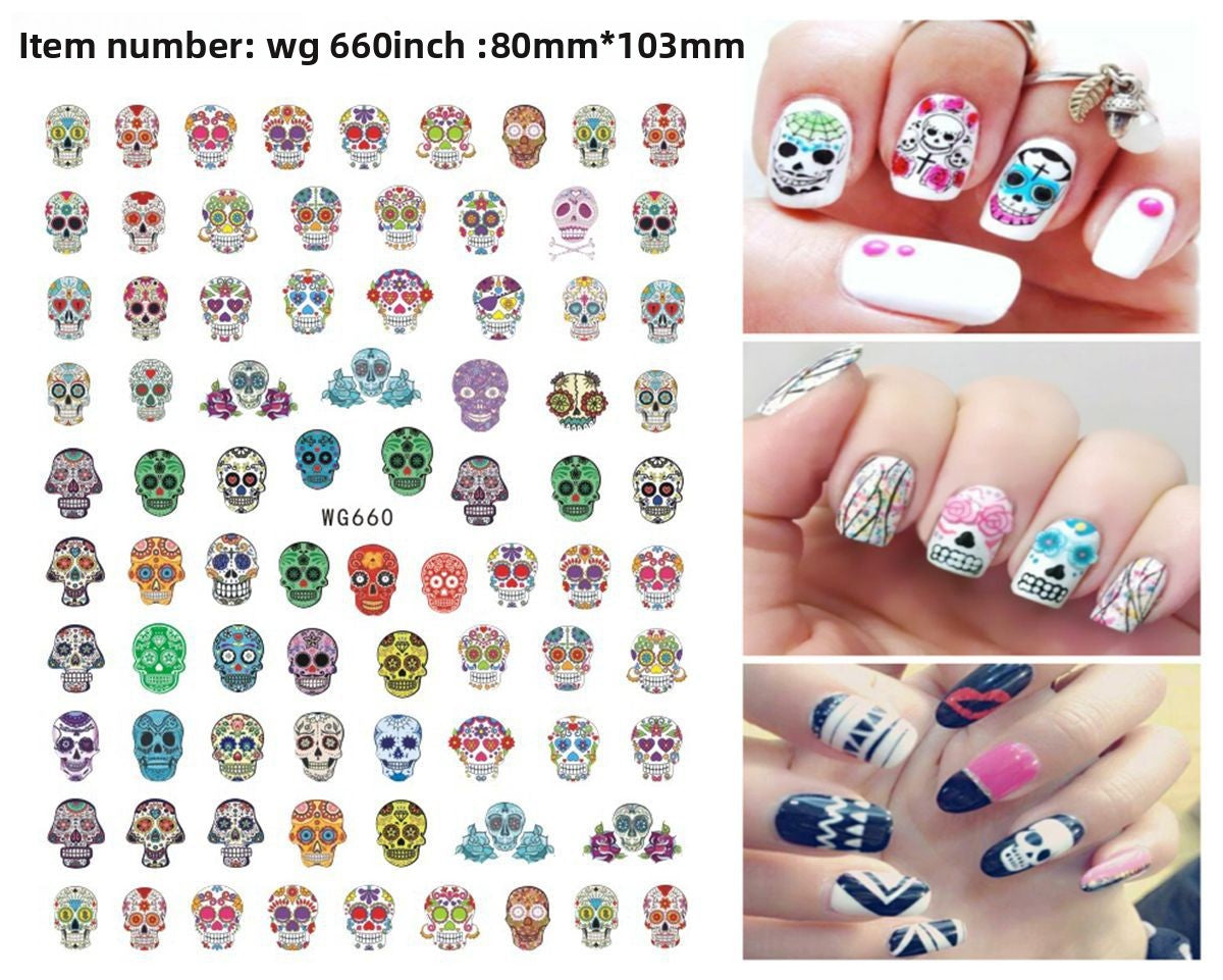 Self adhesive vinyl nail decals with grinning skull and pumpkin art