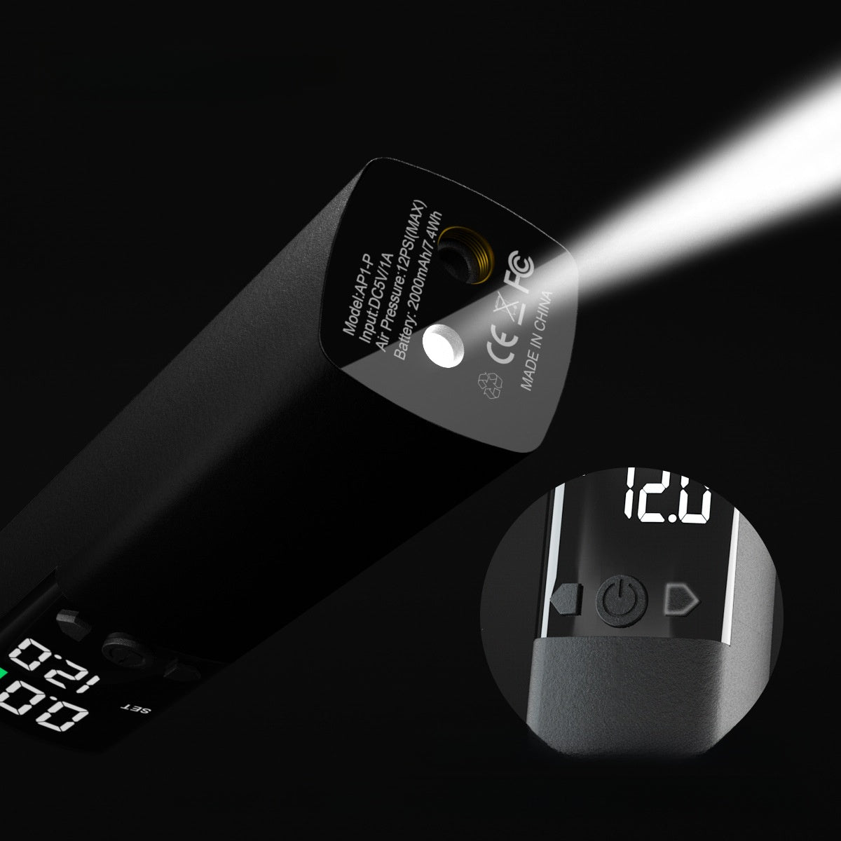 Portable wireless air pump with digital display shown from the front, black body