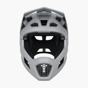 Front view of the MTB helmet showing vents and detachable chin bar