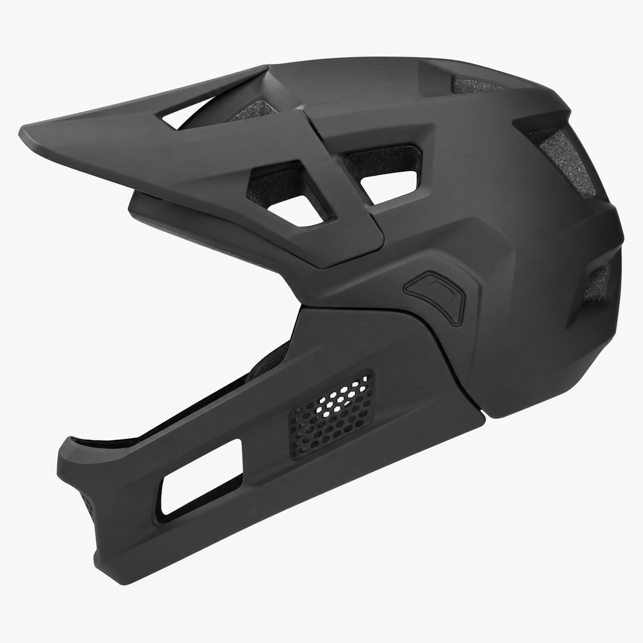 Detail of the chin bar locking pin on the side of the helmet