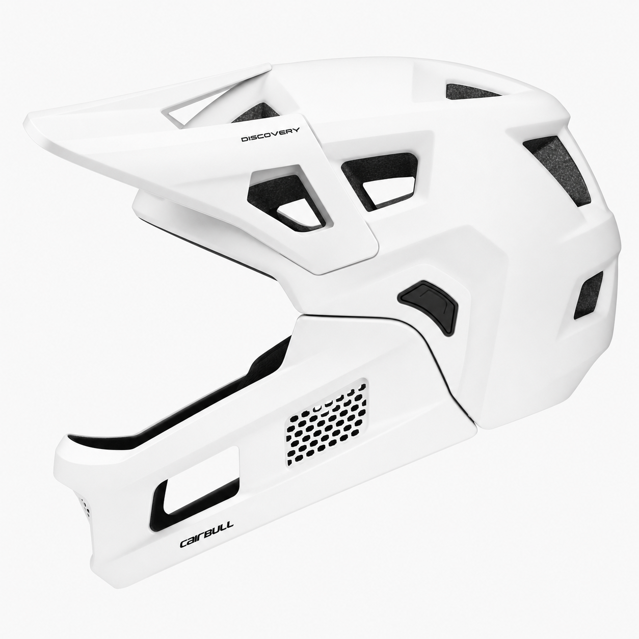 Side profile of the helmet with strap clipped under the jaw