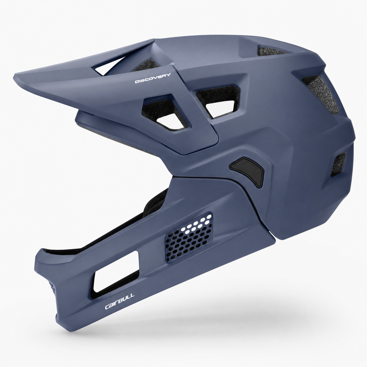 Cairbull mountain bike helmet with chin bar attached on a trail rider