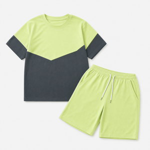 Front view of crew neck tee and matching mid thigh shorts