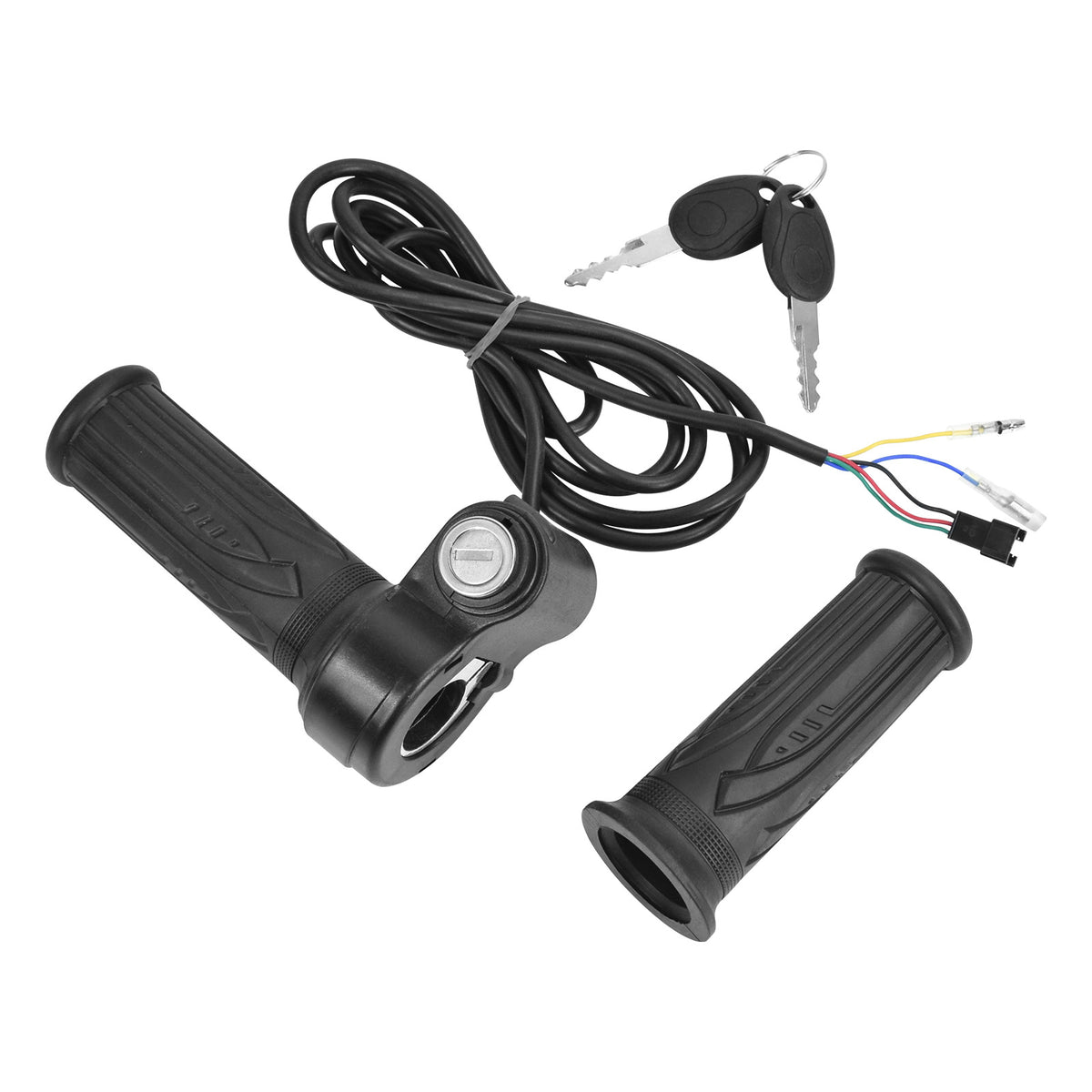 Twist throttle grip with key lock, matching plain grip, wiring harness and two keys for an e-bike