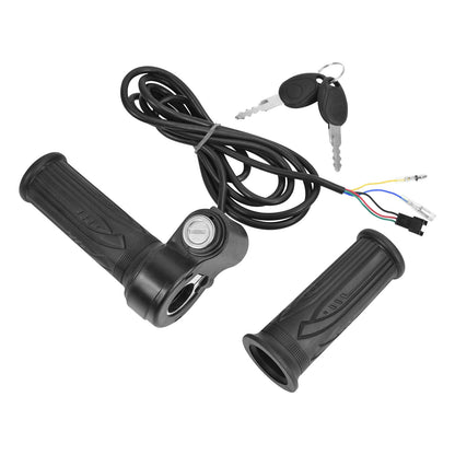 Twist throttle grip with key lock, matching plain grip, wiring harness and two keys for an e-bike