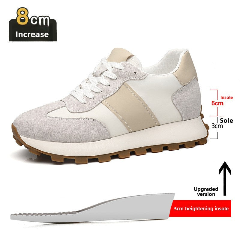 White and gray cow suede height increasing sneaker with an insole and sole diagram