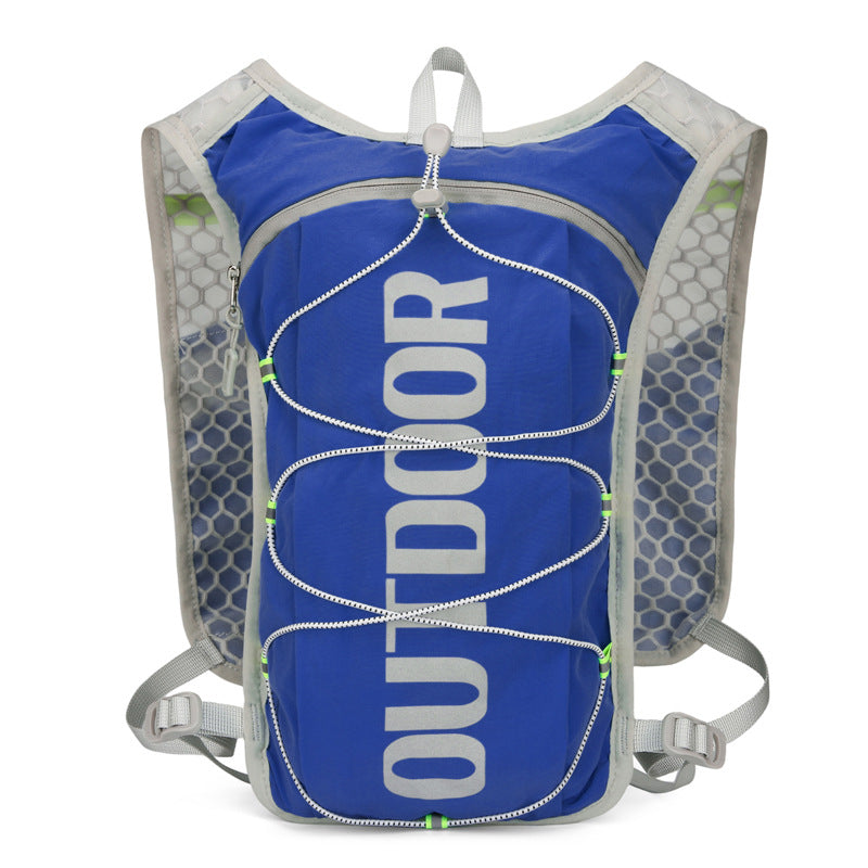 Royal blue hydration backpack front with reflective OUTDOOR print and crossed bungee cords