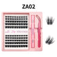 Lash cluster style ZA02 in a 10 row tray with dual-ended glue pen, tweezers and a close-up of the cluster shape