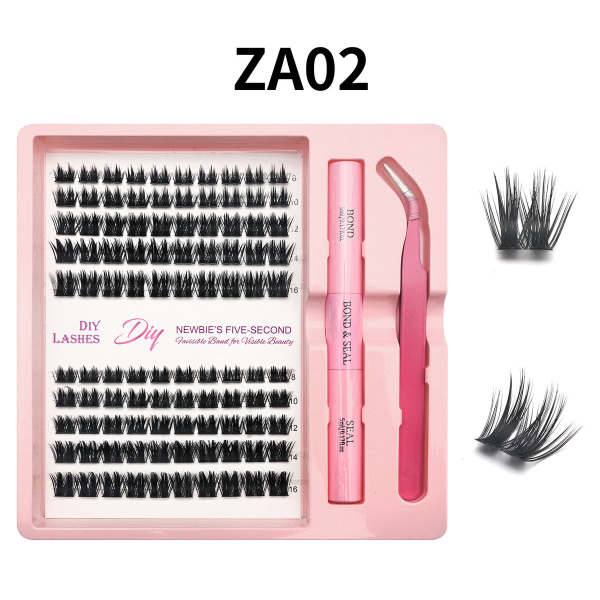 Lash cluster style ZA02 in a 10 row tray with dual-ended glue pen, tweezers and a close-up of the cluster shape