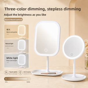 Square and round white LED makeup mirrors with three light color swatches and a touch switch, USB charging and brightness bar