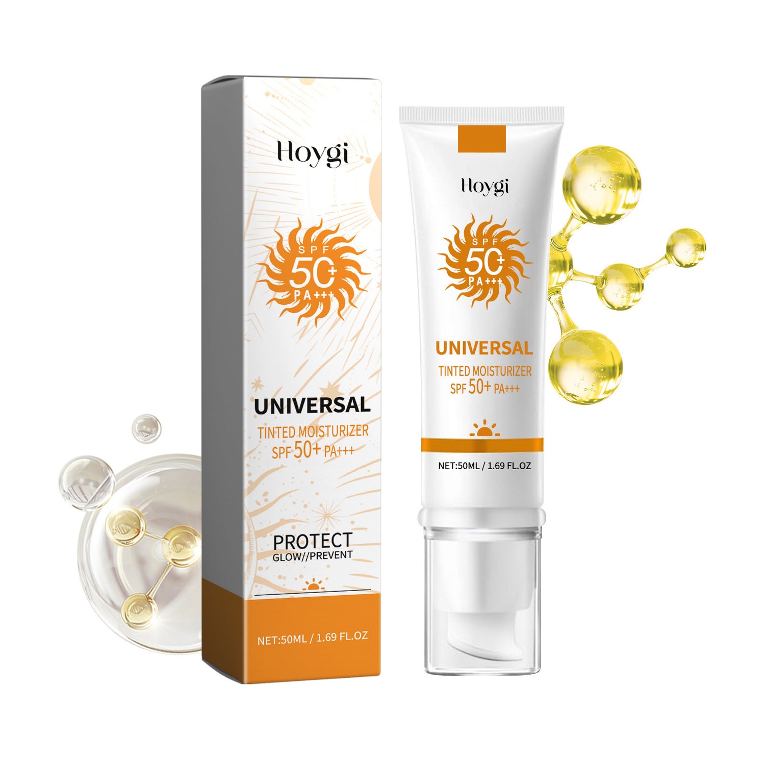 White Hoygi tube and carton with orange sunburst printed SPF 50 plus PA plus beside golden oil droplets