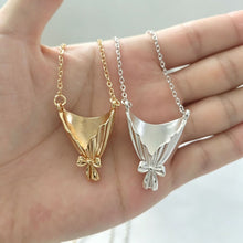 Womens Bouquet Wrap and Bow Pendant Necklace in Gold or Silver Tone