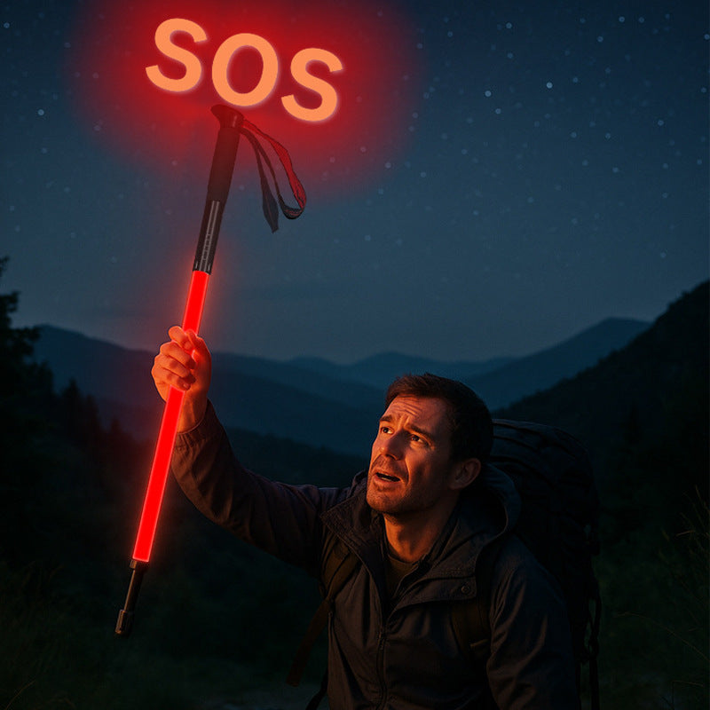 Rechargeable LED trekking pole shown with its charging cable and tip protective cover