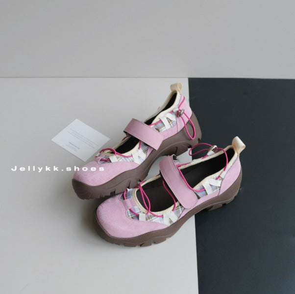 Pink platform slip-on shoes with a pink strap, fuchsia elastic cords and a brown lug sole, EU size 37 option