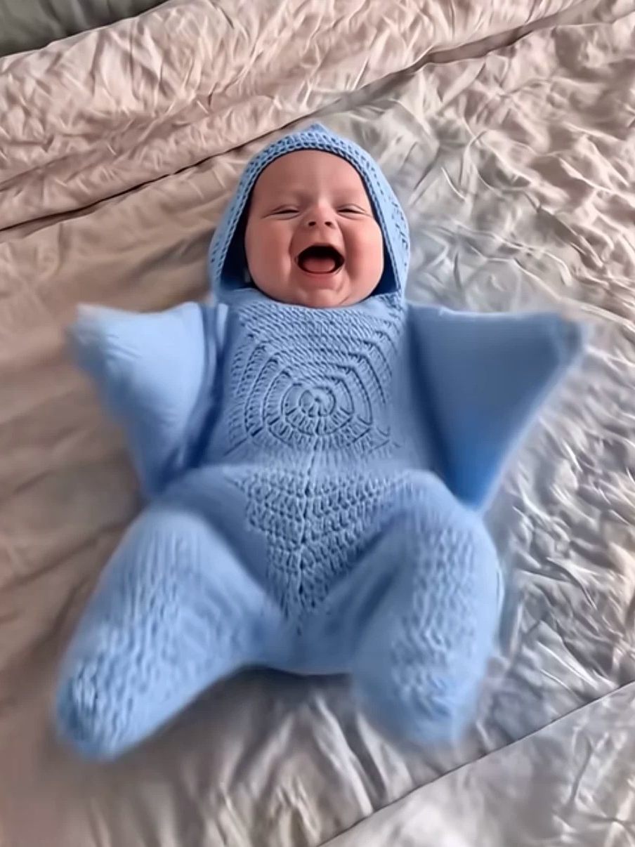 Blue crochet five-point star hooded baby bunting worn by a smiling baby on a bed