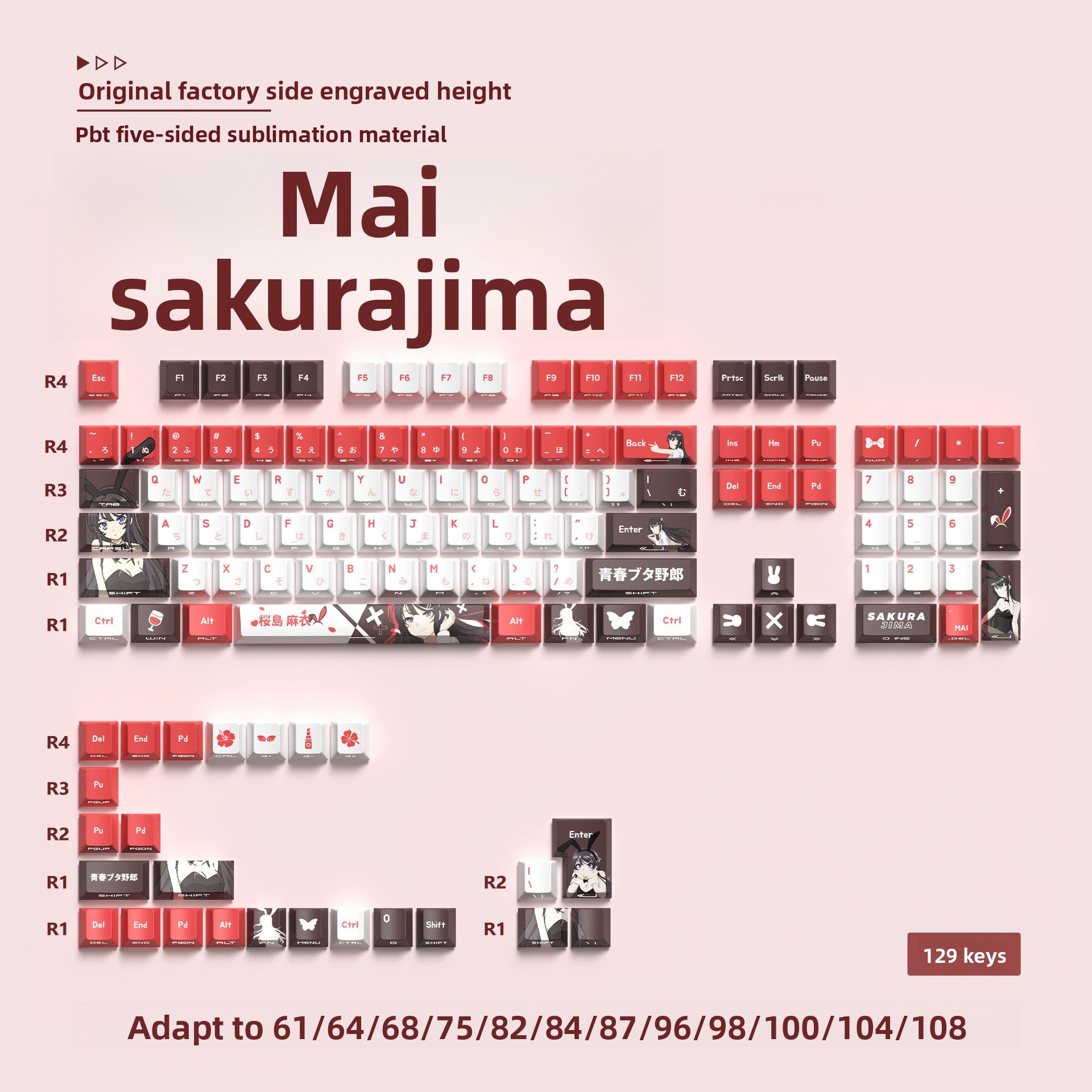 Anime keycaps in a layered lifestyle styling on a desk surface