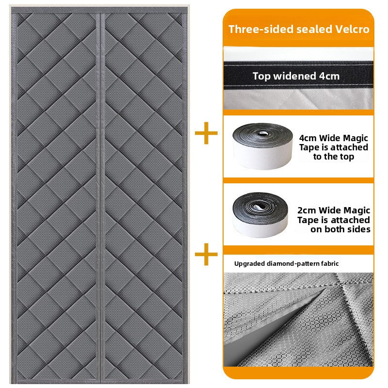 gray quilted thermal door curtain hung over a doorway with a center walk through split