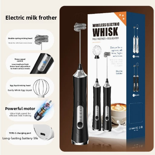 Black handheld electric milk frother wand shown with its USB charging cable