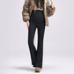 Black maternity bell-bottom pants with a high-waist belly panel, size M option, worn with a puffer jacket
