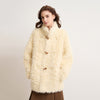 Women's Faux Shearling Winter Coat Horn Button Mid Length Stand Collar - Beige