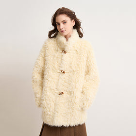Women's Faux Shearling Winter Coat Horn Button Mid Length Stand Collar
