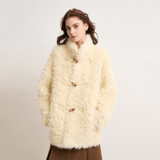 Women's Faux Shearling Winter Coat Horn Button Mid Length Stand Collar