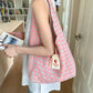 White and blue plaid canvas shoulder bag with a front tie bow