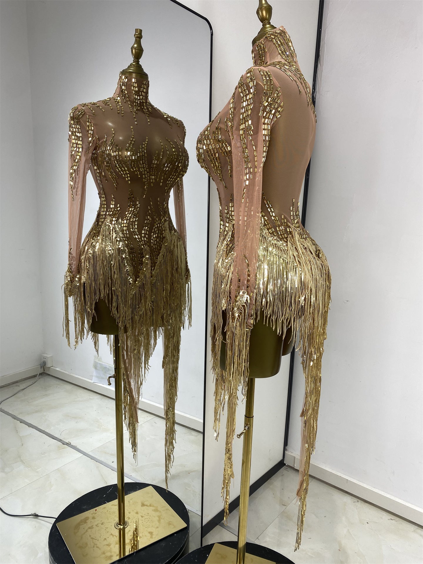 Rhinestone Mesh Sequin Performance Dress