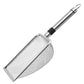 Stainless steel mesh litter scoop seen from the side with a tube handle, black grip band and handle loop on white