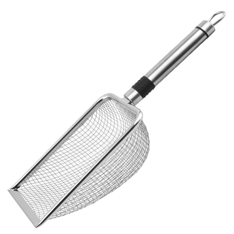 Stainless steel mesh litter scoop seen from the side with a tube handle, black grip band and handle loop on white